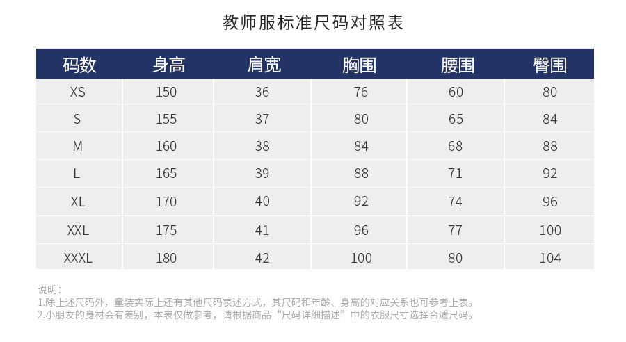 教师尺码表